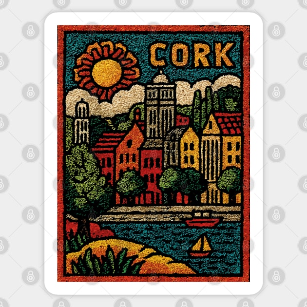Colorful Cork Harbour Linocut Print | Retro Irish Seaside Village Sticker by TuncGK